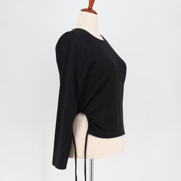 Open Edit Women Black Ribbed Knit Casual Side Tie Long Sleeve Top Plus Size 1X - Picture 2 of 4